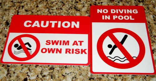 Pool Signs &#034;Caution Swim At Own Risk&#034; &amp; &#034;No Diving In Pool&#034; Water Dive Warning