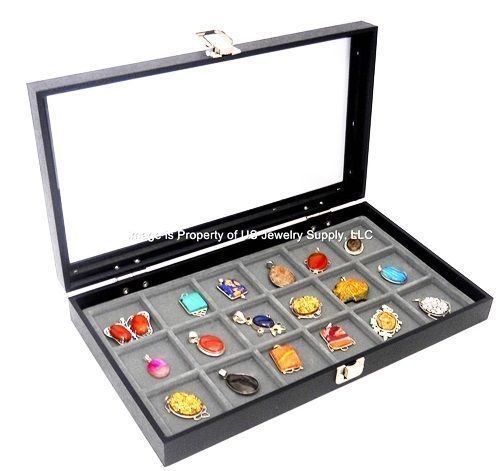 1 Glass Top Lid Grey 18 Space Storage Display Box Case Jewelry Pocket Watch Coin