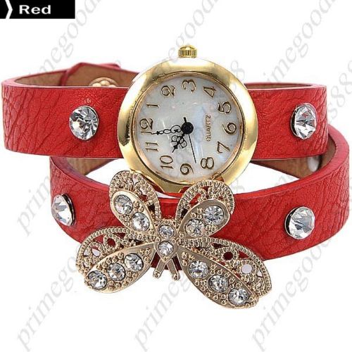 Butterfly Rhinestones PU Leather Quartz Lady Ladies Wristwatch Women&#039;s Red