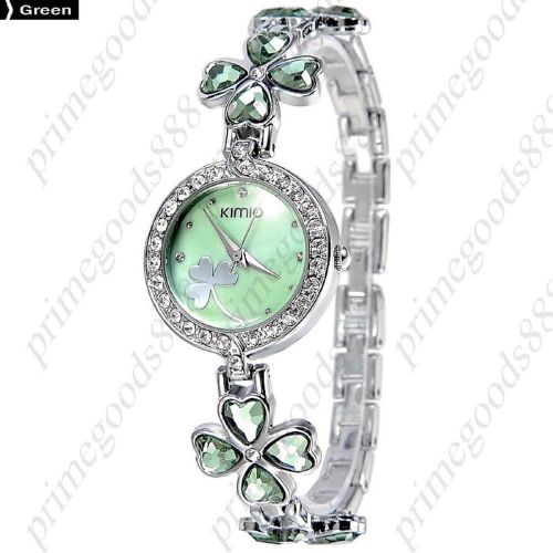 Lucky four leaf clover rhinestones bracelet lady ladies wristwatch women&#039;s green for sale
