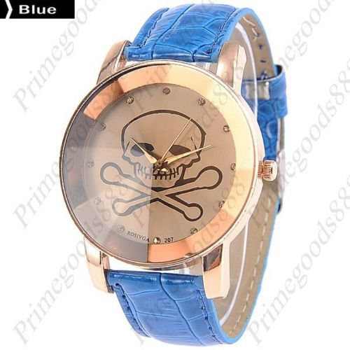 Skull Cross Bones Skeleton Analog Leather Ladies Quartz Wristwatch Women&#039;s Blue