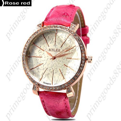 Round Rhinestone PU Leather Quartz Wrist Lady Ladies Wristwatch Women&#039;s Rose Red