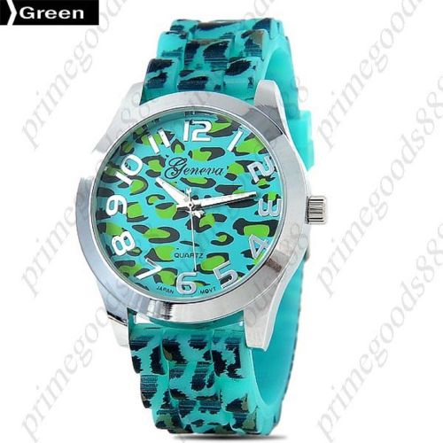 Leopard Round Case Silica Gel Lady Ladies Wrist Quartz Wristwatch Women&#039;s Green