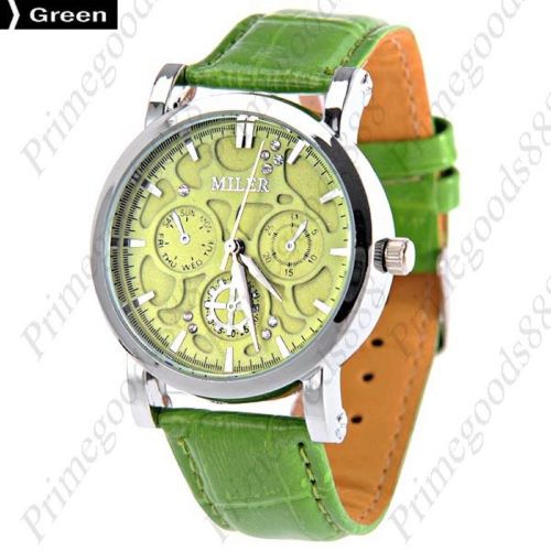 Round PU Leather Lady Ladies Analog Wrist Quartz Wristwatch Women&#039;s Green