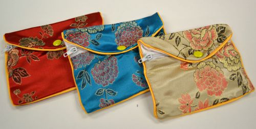 Silk Jewelry Chinese Pouch Bag Roll Assorted ONE DOZEN Zipper - 5 1/2&#034; x 3 1/2&#034;