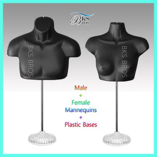 2 Mannequins Man + Women Torso (Chest Long) S-M Black with Acrylic Stand Display