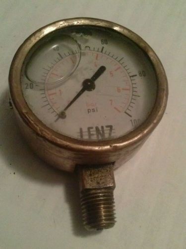 Vintage brass Lenz liquid filled BAR 100 PSI PRESSURE GUAGE OLD
