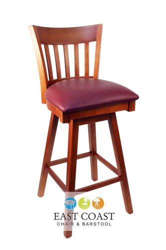 New gladiator cherry vertical back wooden swivel bar stool with wine vinyl seat for sale