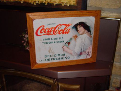 Coke cola custom cedar framed vintage retro tin drinking lady bar sign for sale