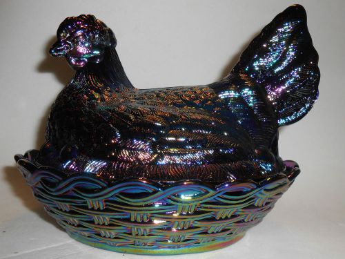amethyst carnival glass hen chicken on nest basket butter dish rooster purple 8&#034;