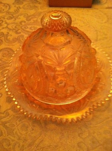 PINK ROSE Glass DOME COVERED ROUND BUTTER DISH