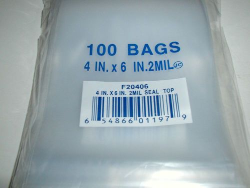 TWO (2) PACKAGES of 100 EACH, PLASTIC POLY BAGS 4&#034; x 6&#034; 2 MIL F20406 SEAL TOP