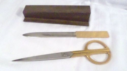 Vintage made italy desktop gold scissor &amp; letter opener in wood holder for sale