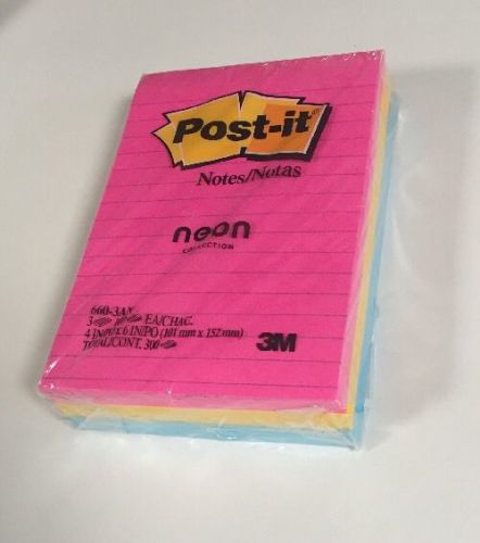 Post-it Notes 660-3AN Neon Notes 4 x 6 Three Colors 3 100-Sheet Pads/Pack