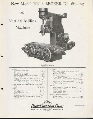 4 Page Circular 1927 Reed Prentice Machine Tools New Model No. 6 Becker Die