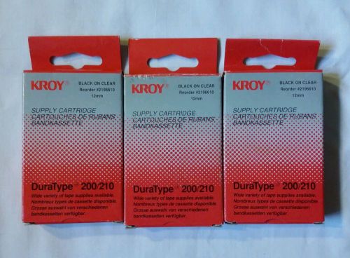 Lot of 3 Kroy DuraType 200/210 black on clear 12mm cartridge