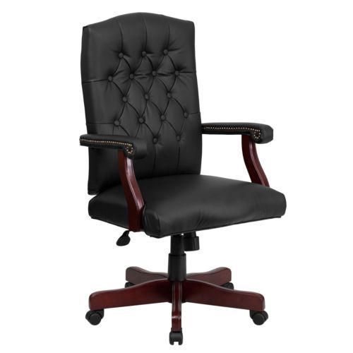 Traditional Black Button Tufted Leather Cherry Wood Executive Office Desk Chair