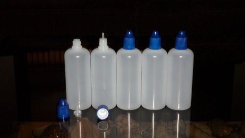 5 x 100 ml LPDE plastic bottles boston round needle tips BLUE caps