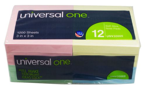 Universal Standard Self-Stick 3&#034; x 3&#034; Notes, Assorted Pastel Colors - Pack of 12