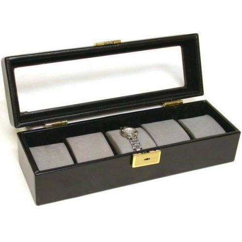 Black Faux Leather Watch Display Box Holds 5 Watches