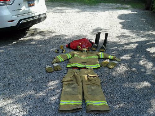 FULL FIREMAN FIREFIGHTER SUIT  SUSPENDERS PANTS JACKET  with gloves helmentand