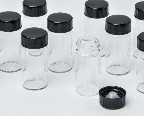 864 Glass Vials Clear Black Phenolic Cone Lined ScrewCap 26mmx60mm .6oz 2.25&#034;x1&#034;
