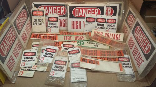 LOT OF ASSORTED VINYL WARNING SIGN &#034;DANGER HIGH VOLTAGE&#034; 11&#034; x 8&#034; &amp; STICKERS