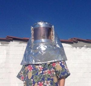 Vintage aluminized fireman&#039;s heat shield protection hood with helmet and gloves for sale