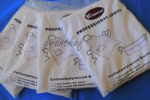 4 Pack ~ Aprons / Food Service ~ Full Length Bib Style ~  White w/ 2 pockets New