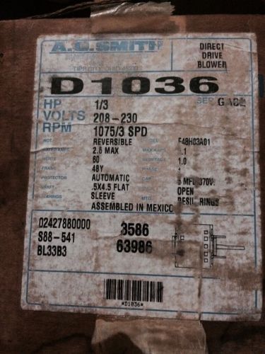 D1036 1/3 hp, 1075 rpm new ao smith 3 speed electric motor for sale