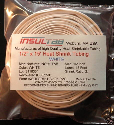 1/2&#034; x 15 feet insulgrip hs-105 pvc heat shrink tube tubing white insultab 2:1 for sale