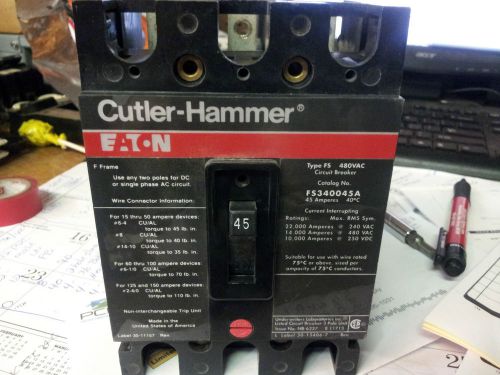 CUTLER HAMMER FS340045A 480 VOLT 45 AMP 3 POLE LIGHTLY USED BREAKER #B54