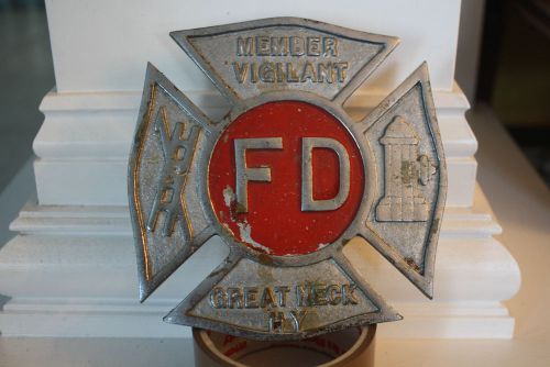 VINTAGE MALTESE CROSS CAR GRILL BADGE EMBLEM 6&#034;+ FIRE DEPT GREAT NECK NEW YORK
