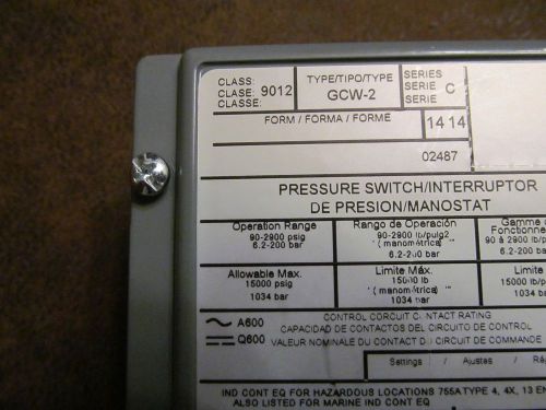 New Square D GCW-2 Pressure Switch Interruptor Class 9012 Series C