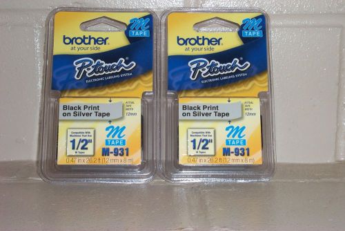 2 - BROTHER P-TOUCH LABELING TAPE BLACK PRINT ON SILVER TAPE 1/2&#034; M-931