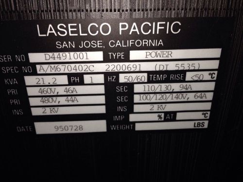 Laselco Pacific Transformer 480v 21.2Kva Amat 7700 Buck Boost Many Available