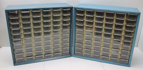 Pair Vintage Akro-Mills Parts Storage Bin Cabinet 60 Drawer Organizer Blue Metal