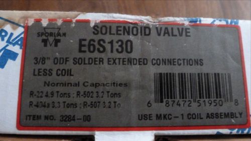 Sporlan Solenoid Valve, E6S130, 3/8&#034; Solder Extended Connections *New Old Stock*
