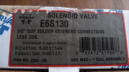 Sporlan Solenoid Valve, E6S130, 3/8&#034; Solder Extended Connections *New Old Stock*