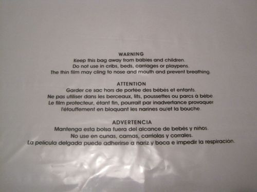 100 14x20 Suffocation Warning PolyBags 1.5 Mil Spanish English French Resealable