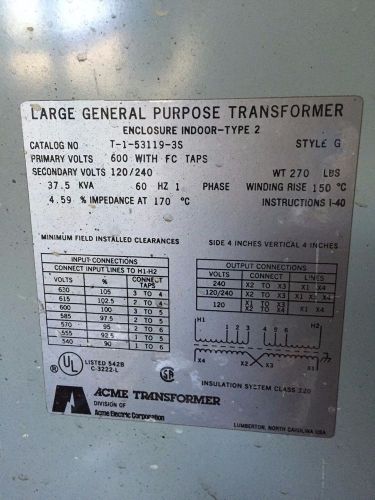 Acme 37.5 kva transformer general purpose for sale