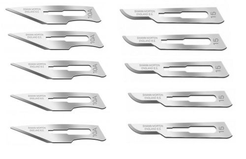 Set of 10 Swann Morton Sterile Carbon Steel Surgical Scalpel Blades #10A #15
