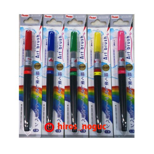 Pentel Art Color Fude Brush Pen 5 color set, Red, Blue, Green, LemonYellow, Pink
