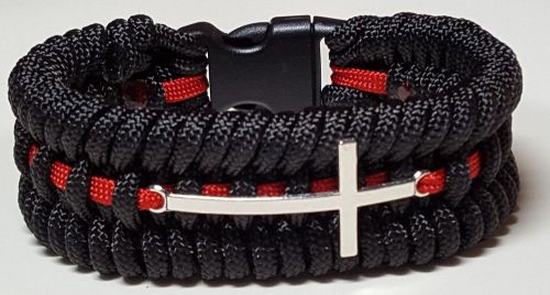 Thin red line mens fireman chaplain trilobite paracord two inch cross bracelet for sale