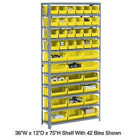 Open bin shelving w/6 shelves &amp; 17 yellow bins, 36x12x39 for sale