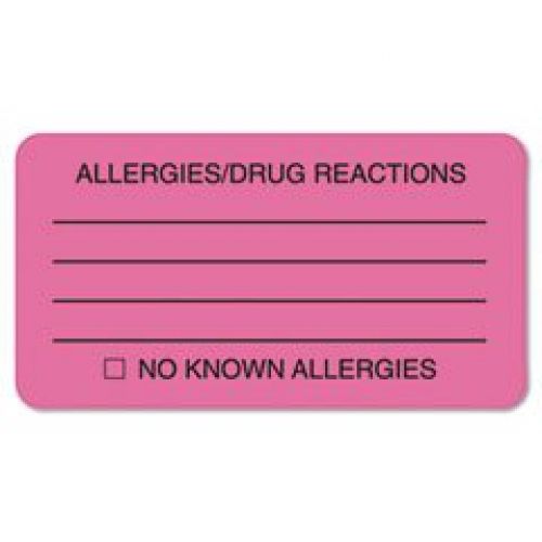 Tabbies  Allergies/Drug Reaction Labels, 1-3/4 x 3-1/4 Inches, Fluorescent Pink,