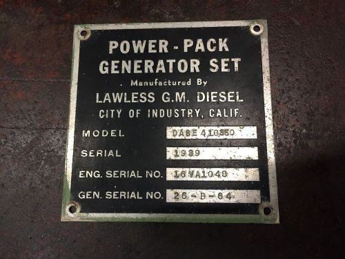 Power-Pack Generator Set Identification Data Plate Aluminum Detroit Diesel 16V71
