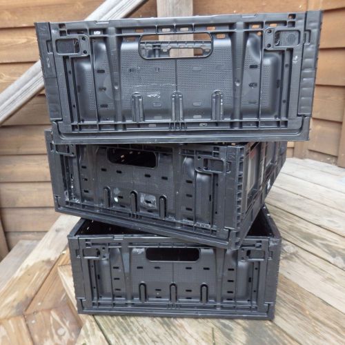 3 plastic black stacking crates lugs bins baskets folding collapsible 6416 7&#034; for sale