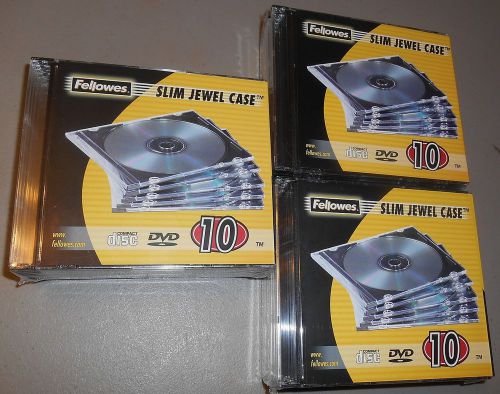 Three Fellowes Slim Jewel Case 10 pack Each Case Holds 1 CD or 1 DVD NEW Sealed