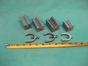 FOUR ASSORTED SIZE MACHINIST V BLOCKS &amp; NOT MATCHED THREE CLAMPS